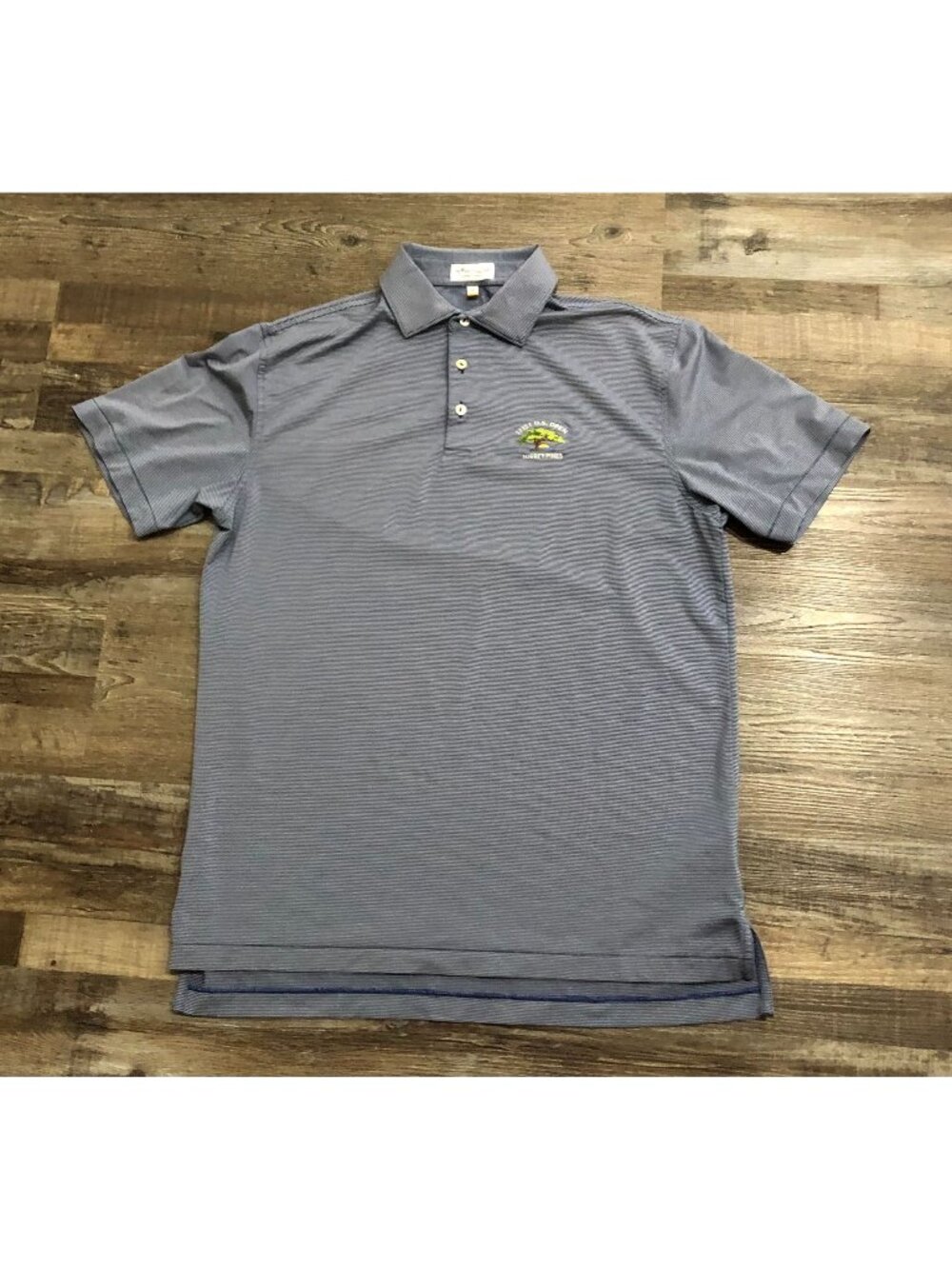 Peter Millar Mens Medium Blue Striped Polo Shirt with US Open Logo on Front